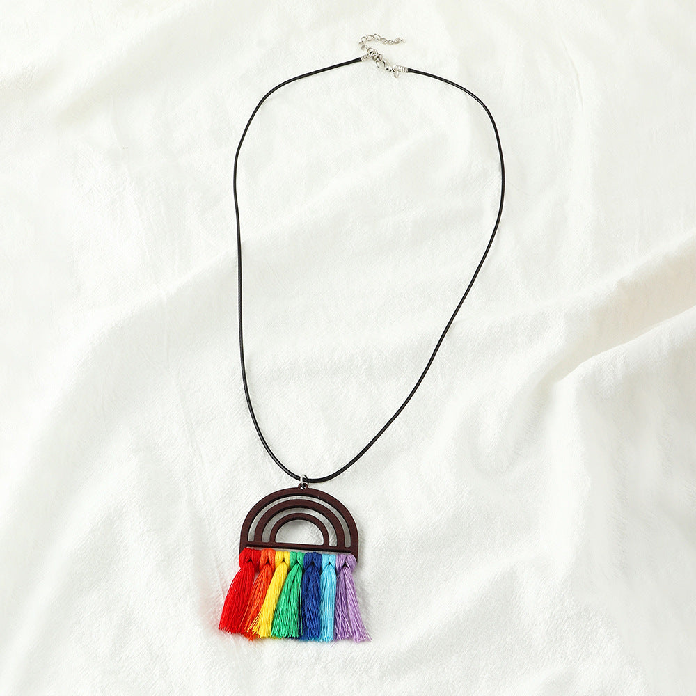 Wholesale Bohemian Wooden Rainbow Tassel Necklaces